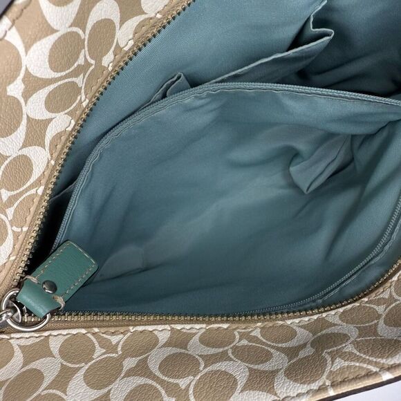 Coach Chelsea Heritage Stripe Signature Tote Teal & Khaki Coated Canvas #F15137 - Picture 6 of 12